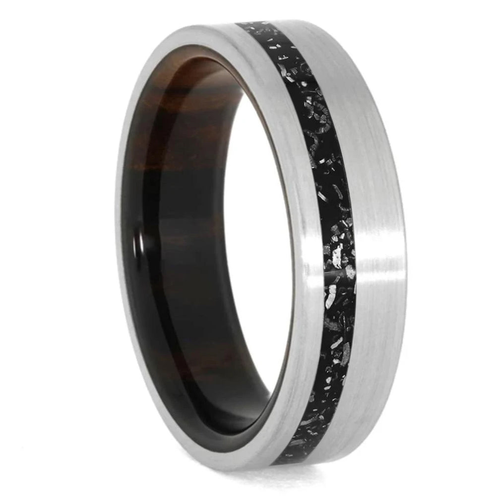Brushed Titanium Ring With Offset Black Stardust™ Inlay And Ironwood Sleeve-2771 - Jewelry by Johan