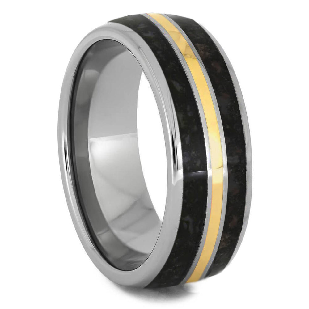 Dinosaur Bone Wedding Band with Gold Pinstripe - Jewelry by Johan
