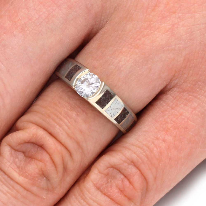 Forever One Moissanite Ring with Dinosaur Bone and Meteorite-3163 - Jewelry by Johan