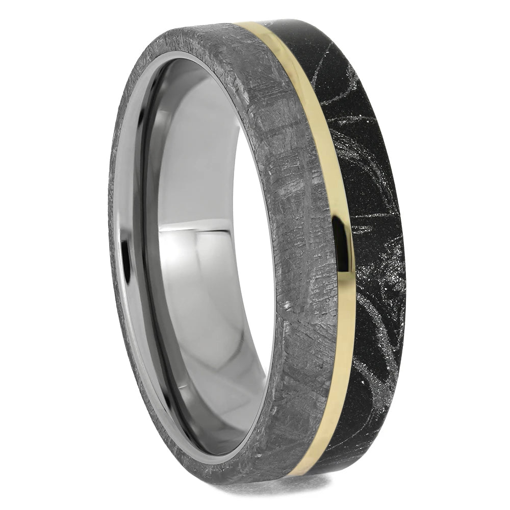 Meteorite & Mokume Gane Wedding Band With Gold Pinstripe - Jewelry by Johan