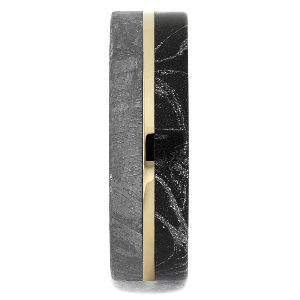 Meteorite & Mokume Gane Wedding Band With Gold Pinstripe - Jewelry by Johan