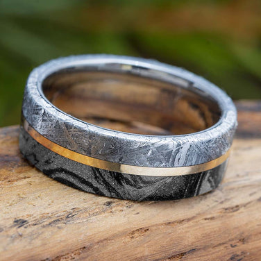 Meteorite & Mokume Gane Wedding Band With Gold Pinstripe - Jewelry by Johan