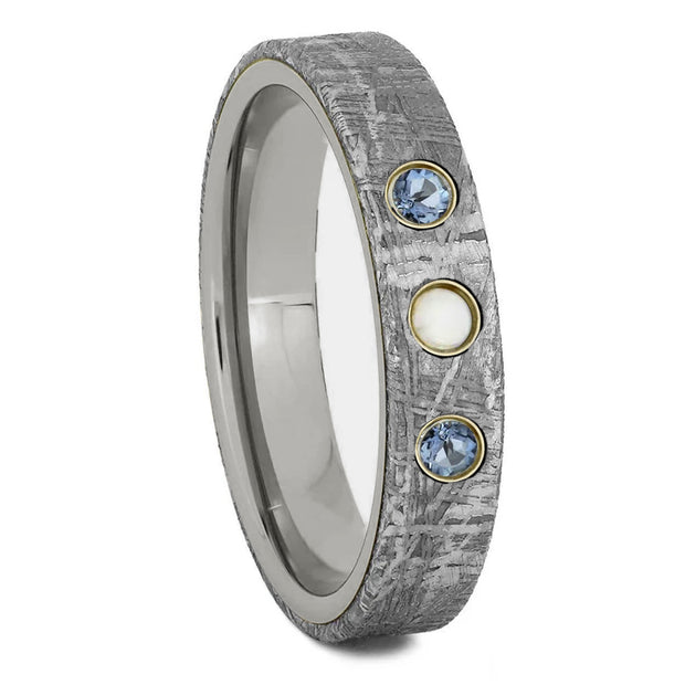 Meteorite Ring With Opal And Aquamarine Gemstones-2904 - Jewelry by Johan