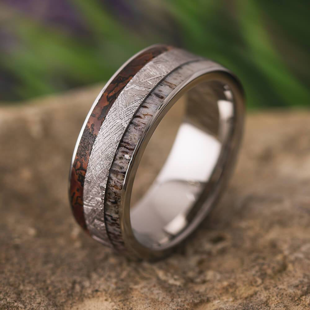 Men's Ring With Antler, Meteorite & Dinosaur Bone - Jewelry by Johan
