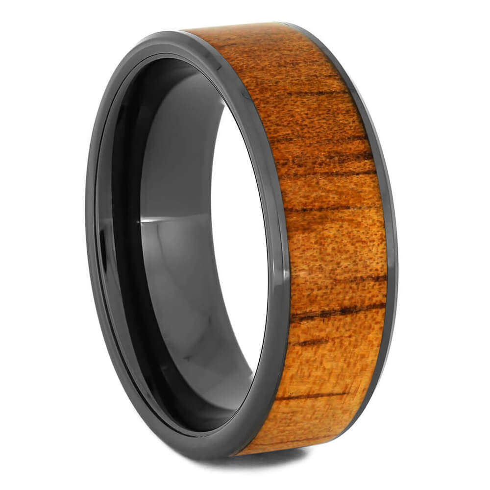 Wood Ring in Black Ceramic Wedding Band, Koa Wood-2934 - Jewelry by Johan