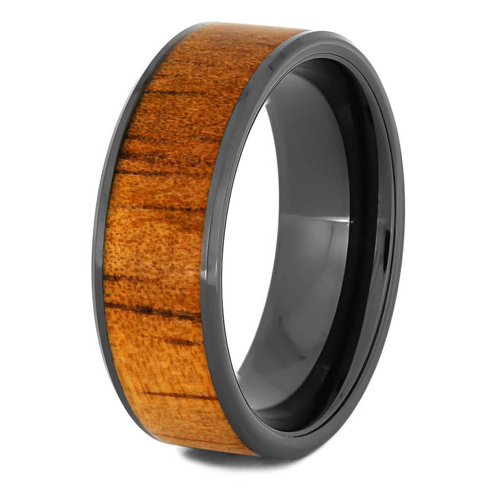 Wood Ring in Black Ceramic Wedding Band, Koa Wood-2934 - Jewelry by Johan