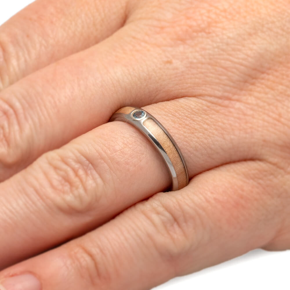 Aquamarine Wedding Band With Rowan Wood, Titanium-2946 - Jewelry by Johan
