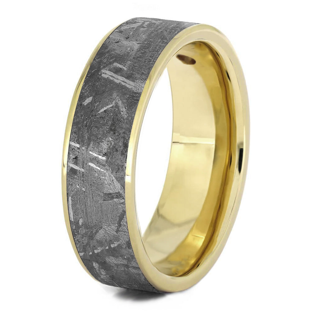 Solid Gold & Meteorite Wedding Band with Bezel Set Stone