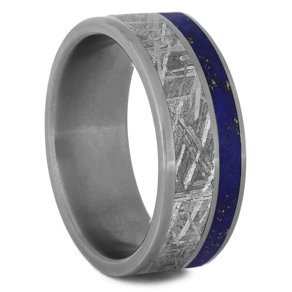 Meteorite Men's Wedding Band With Lapis Lazuli In Titanium Ring-2977 - Jewelry by Johan
