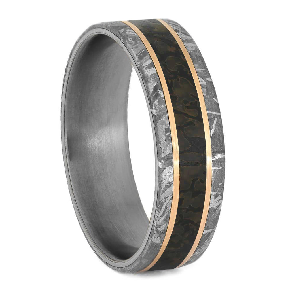 Dinosaur Bone & Meteorite Wedding Band With Gold Pinstripes