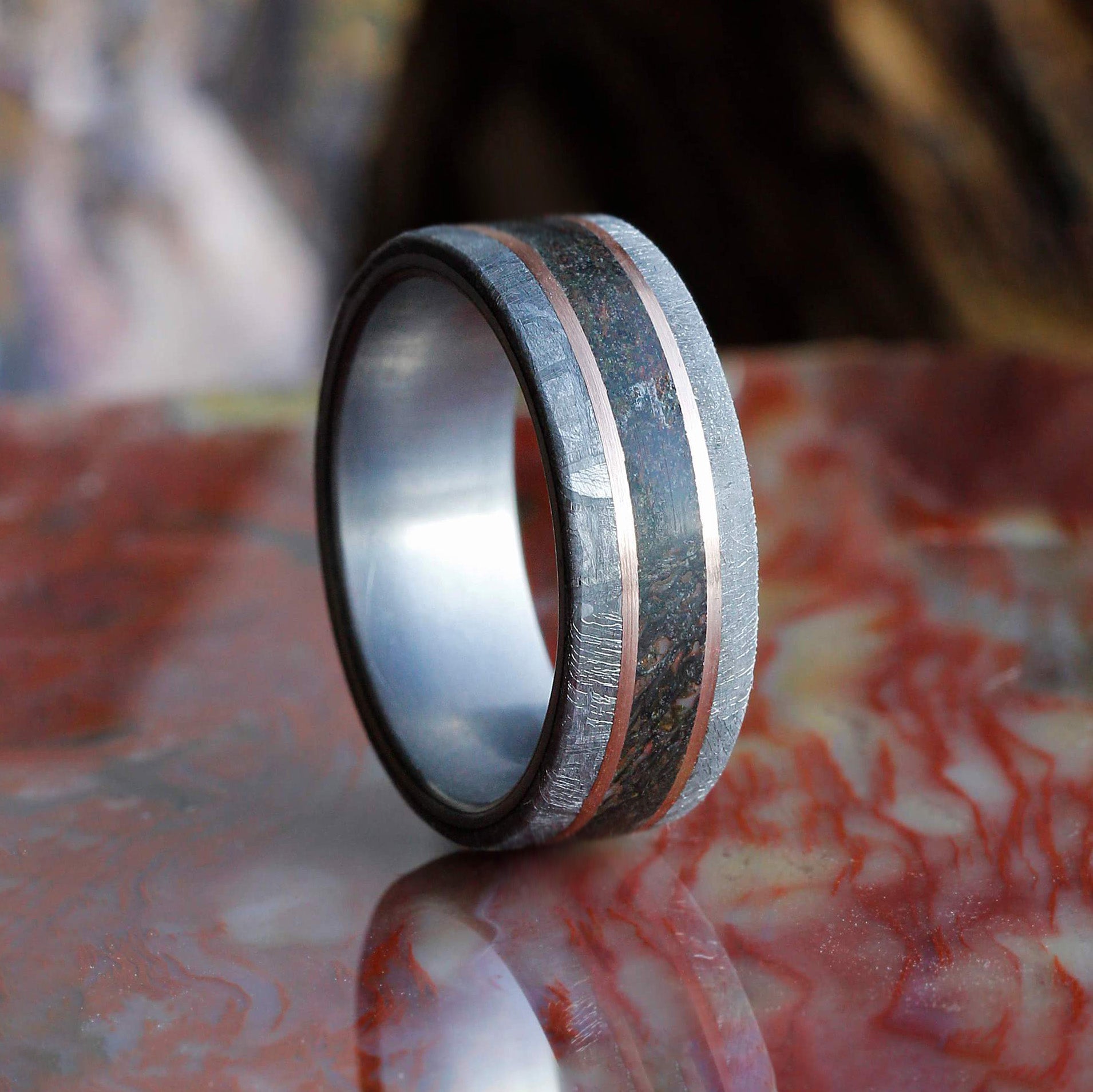 Dinosaur Bone & Meteorite Wedding Band With Gold Pinstripes