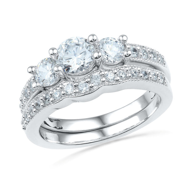 Three Stone Diamond Engagement Ring and Wedding Ring Set