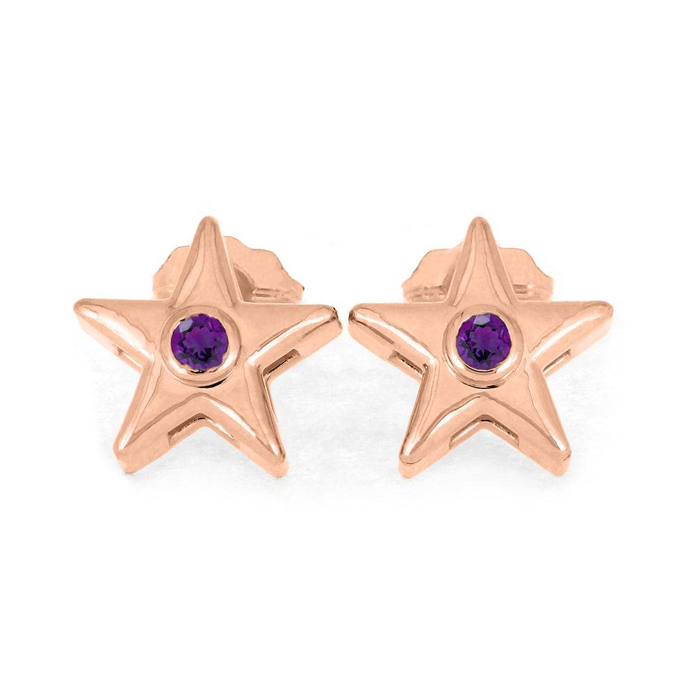 Rose gold star stud earrings with purple birthstone