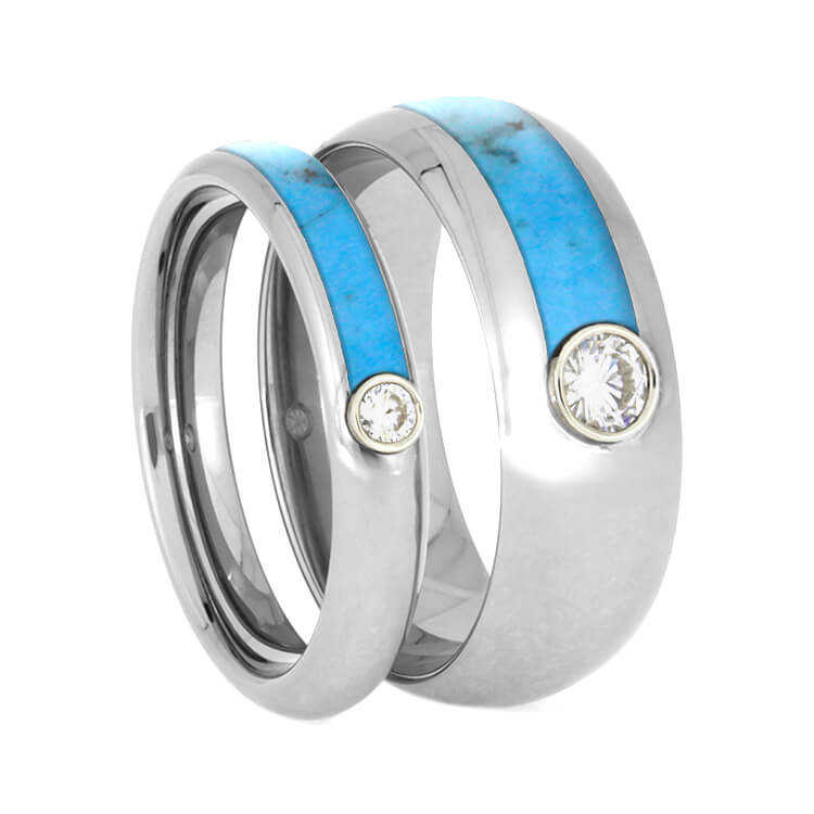 Turquoise Wedding Band Set With Moissanite In Titanium