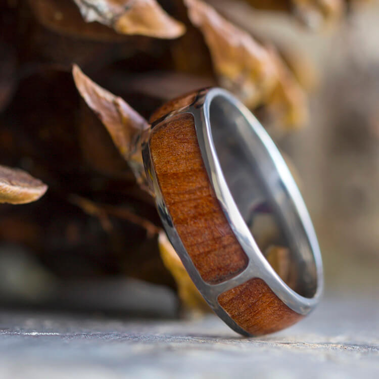 Natural Redwood Ring, Titanium Wedding Band With Partial Wood Inlays-3467 - Jewelry by Johan