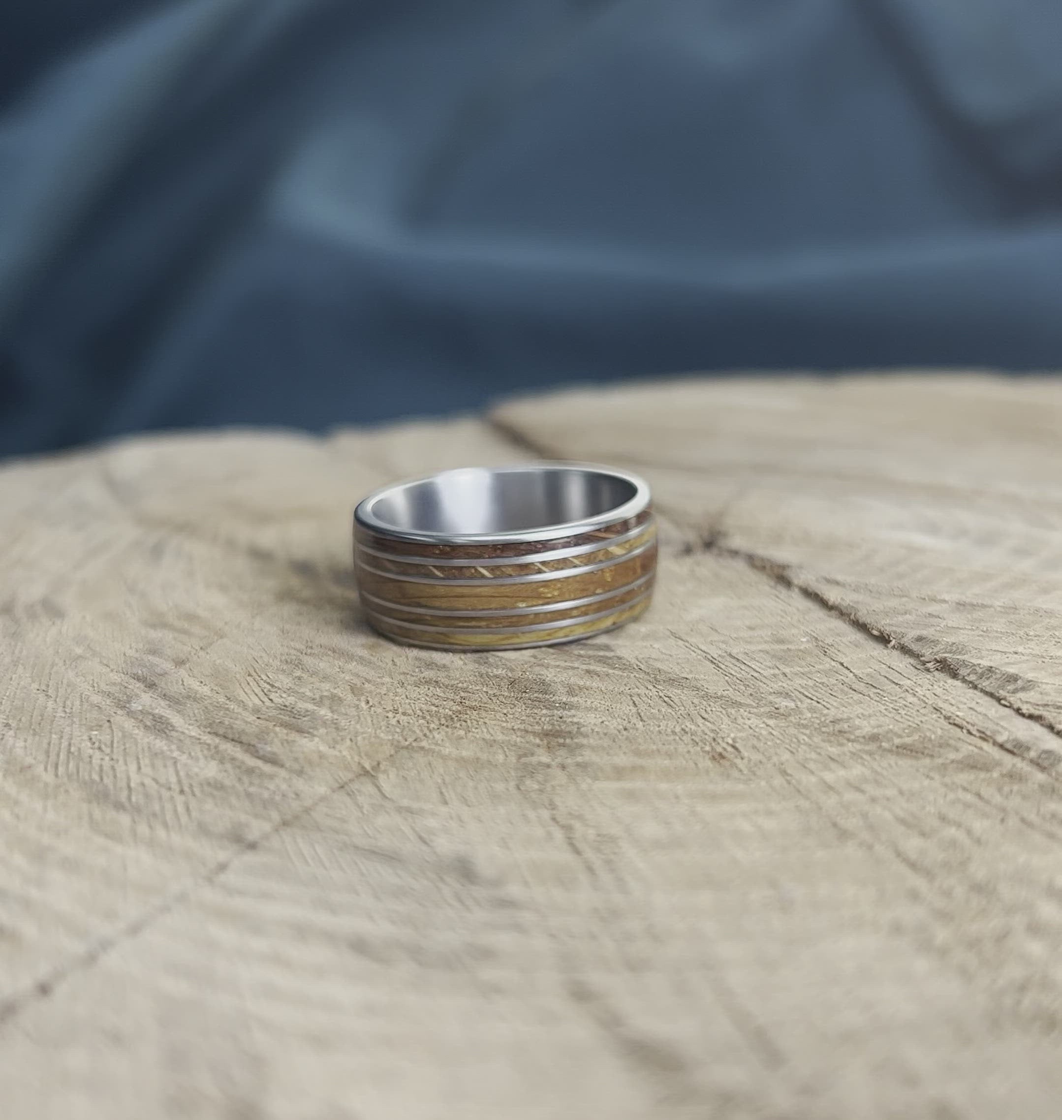 Authentic Oak Wood Whiskey Barrel Ring With Titanium Pinstripes