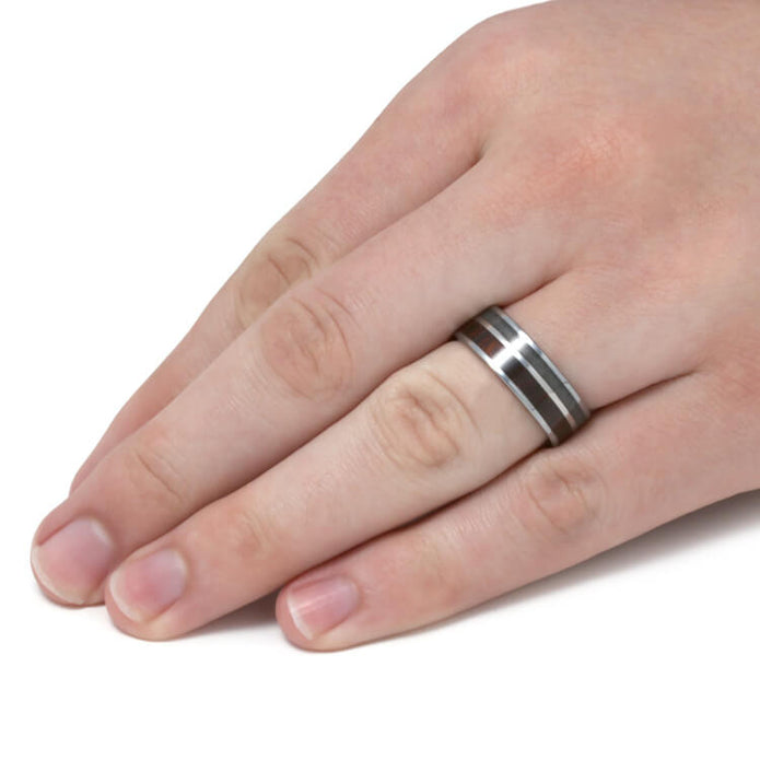 Crushed Obsidian Wedding Band With Ironwood, Tungsten Ring With Titanium-3697 - Jewelry by Johan