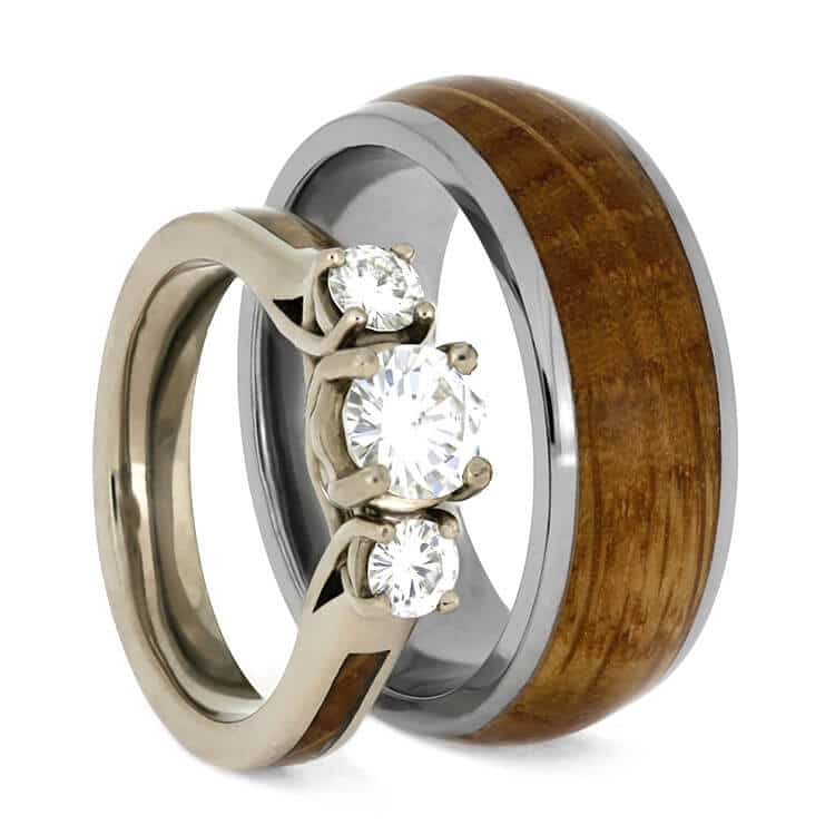 Wood Wedding Ring Set, Peridot Engagement Ring with Wood Wedding Band