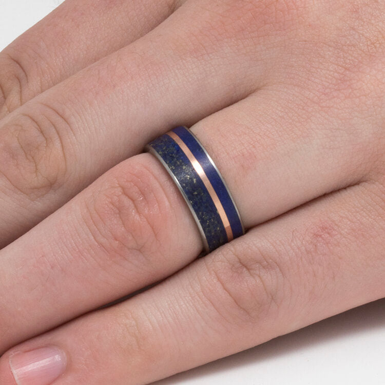 Lapis Lazuli Wedding Band With Rose Gold Pinstripe-3683 - Jewelry by Johan