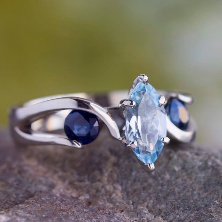 Marquise Cut White Gold Engagement Ring With Aquamarine and Blue Sapphires-2522 - Jewelry by Johan