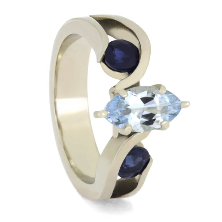Marquise Cut Engagement Ring With Aquamarine and Blue Sapphires-2522 - Jewelry by Johan