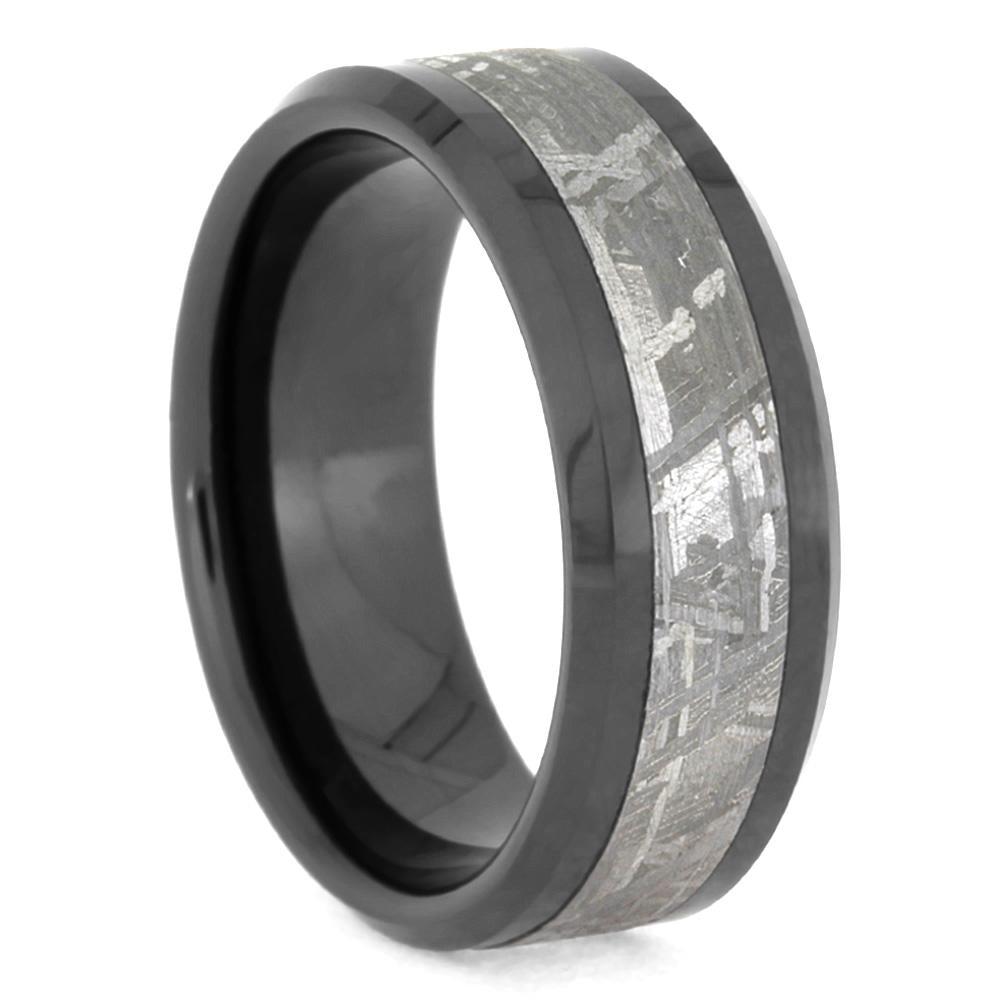 Black Ceramic Ring With Meteorite Inlay And Beveled Edges, Manly Band-1666 - Jewelry by Johan