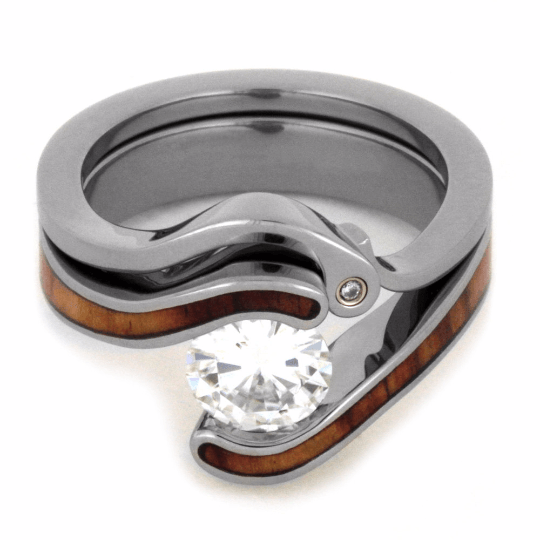 Moissanite & Wood Wedding Ring Set in Titanium