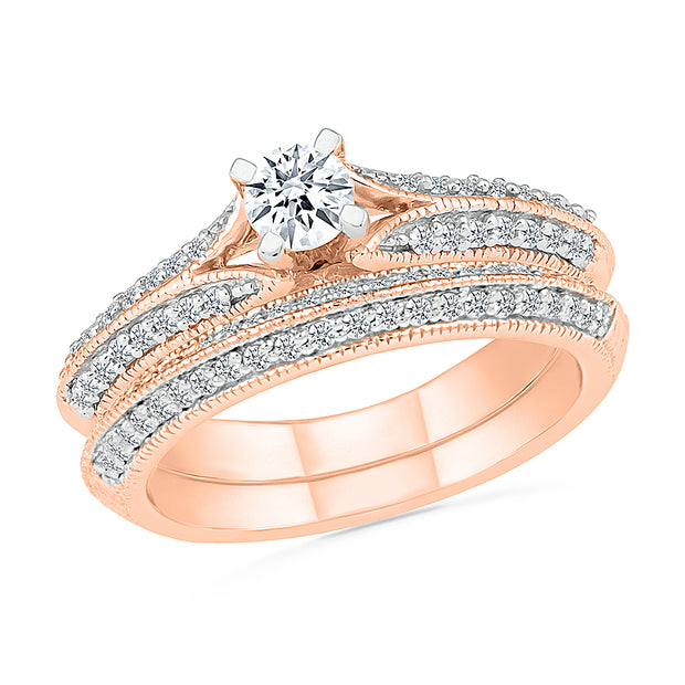 Rose Gold Engagement Ring Wedding Ring Set