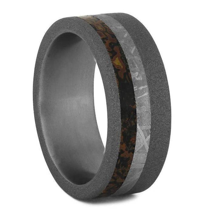 Sandblasted Titanium Ring with Meteorite and Dinosaur Bone