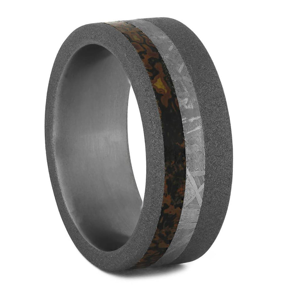 Meteorite & Dinosaur Bone Ring in Sandblasted Titanium - Jewelry by Johan
