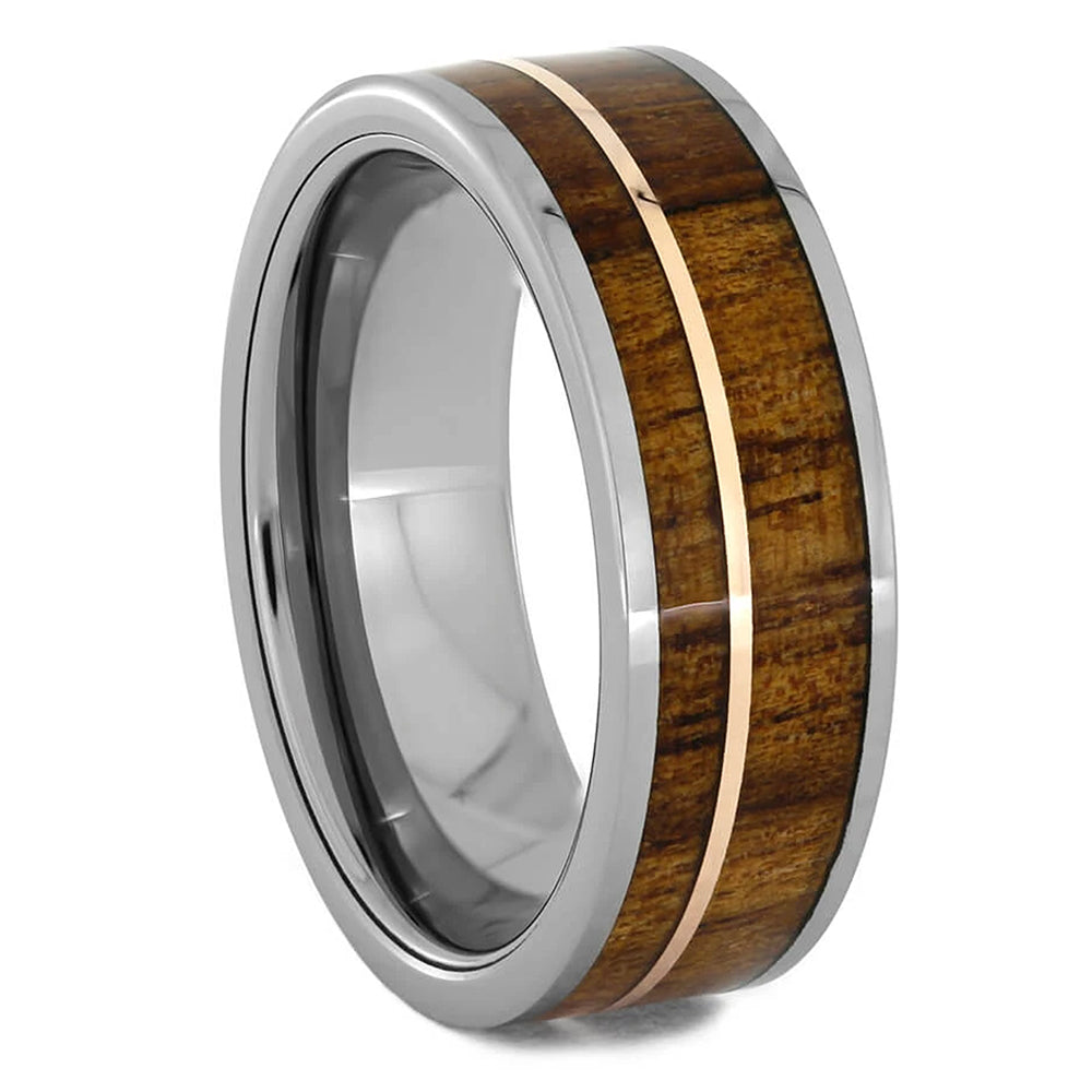 Koa Wood Wedding Band with Gold Pinstripe, Tungsten or Titanium - Jewelry by Johan
