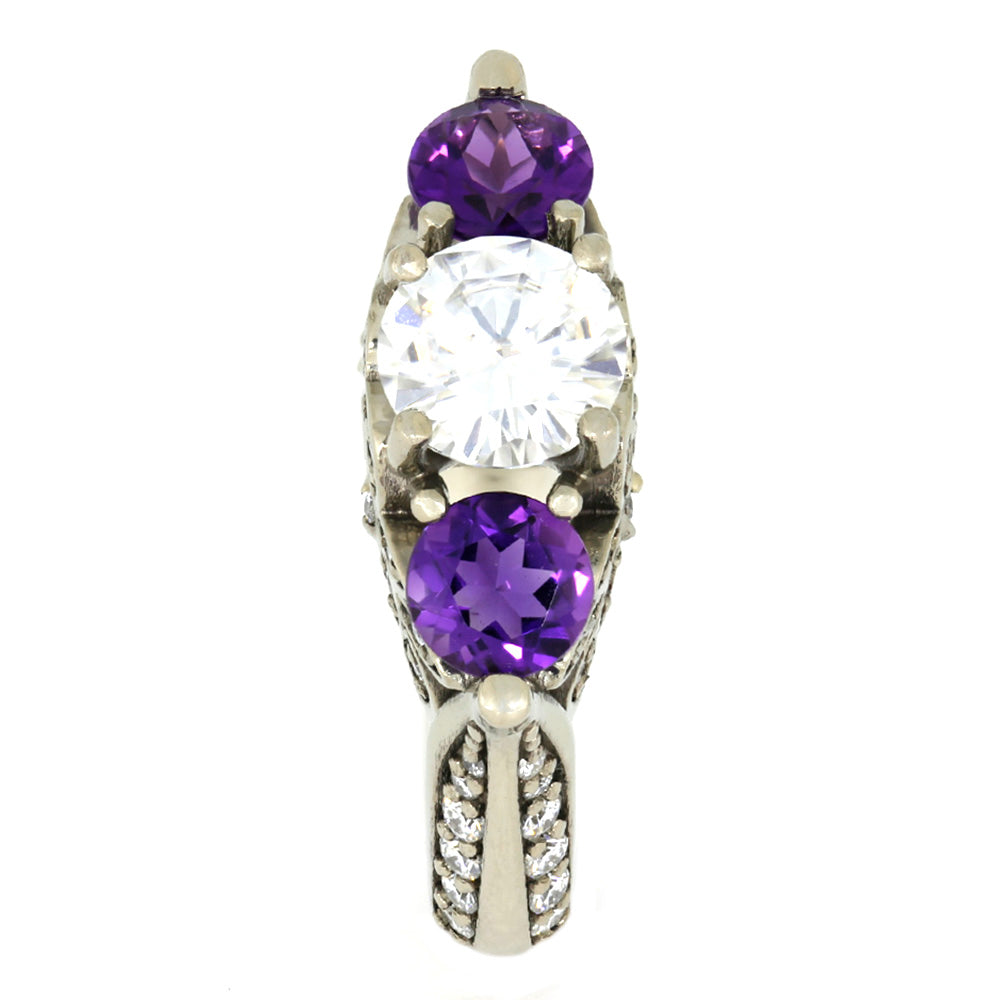 Moissanite and Amethyst Engagement Ring, White Gold Floral Ring-4065 - Jewelry by Johan