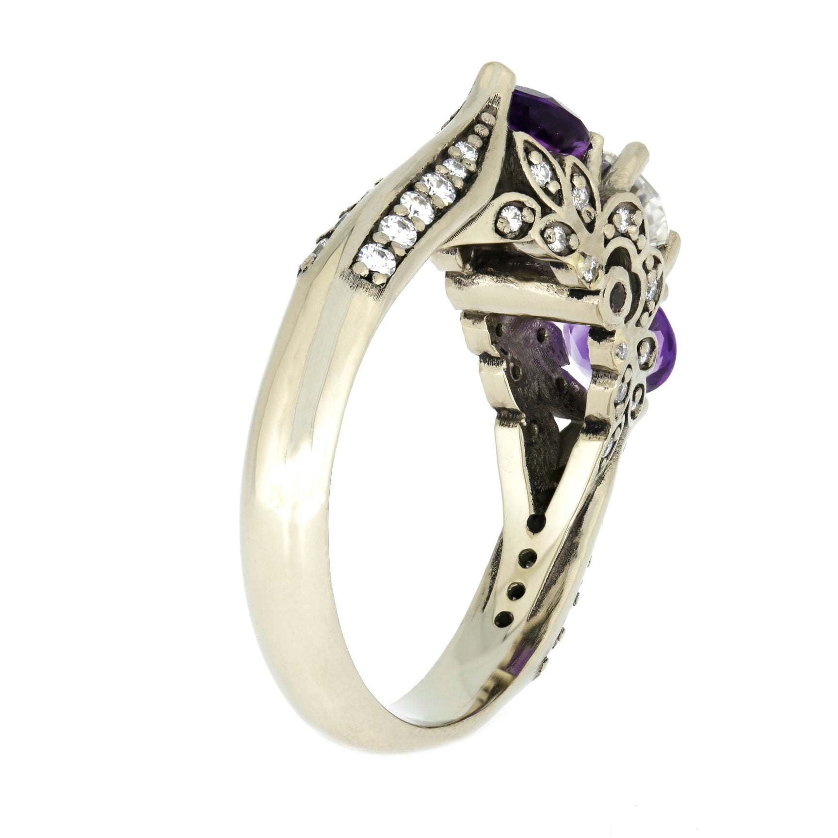 Moissanite and Amethyst Engagement Ring, White Gold Floral Ring-4065 - Jewelry by Johan
