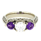 Moissanite and Amethyst Engagement Ring, White Gold Floral Ring-4065 - Jewelry by Johan