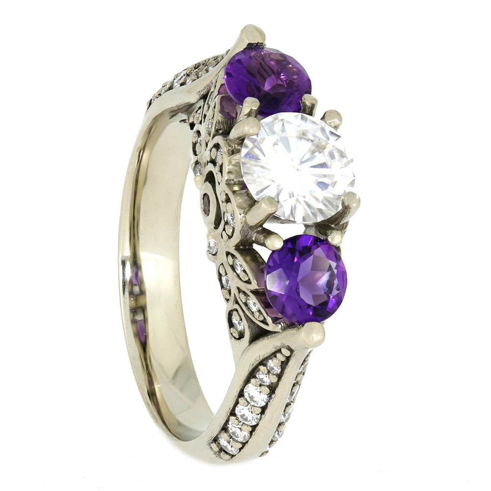 Moissanite and Amethyst Engagement Ring, White Gold Floral Ring-4065 - Jewelry by Johan