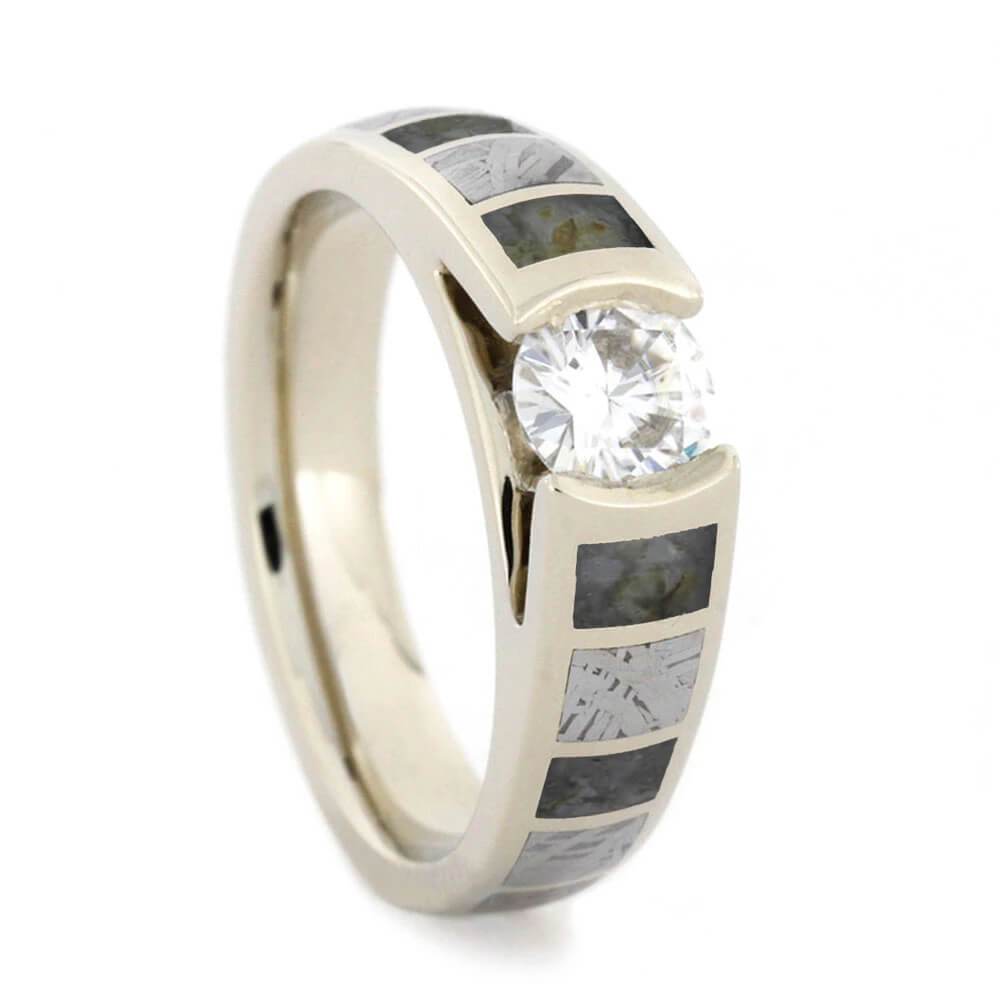 Forever One Moissanite Ring with Dinosaur Bone and Meteorite-3163 - Jewelry by Johan