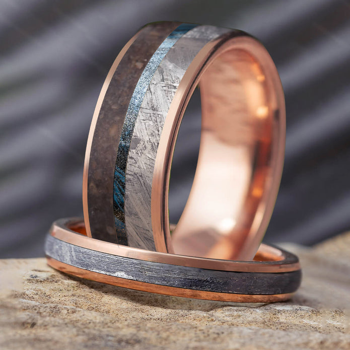 His and Hers Wedding Bands Meteorite and Dino Bone Jewelry By