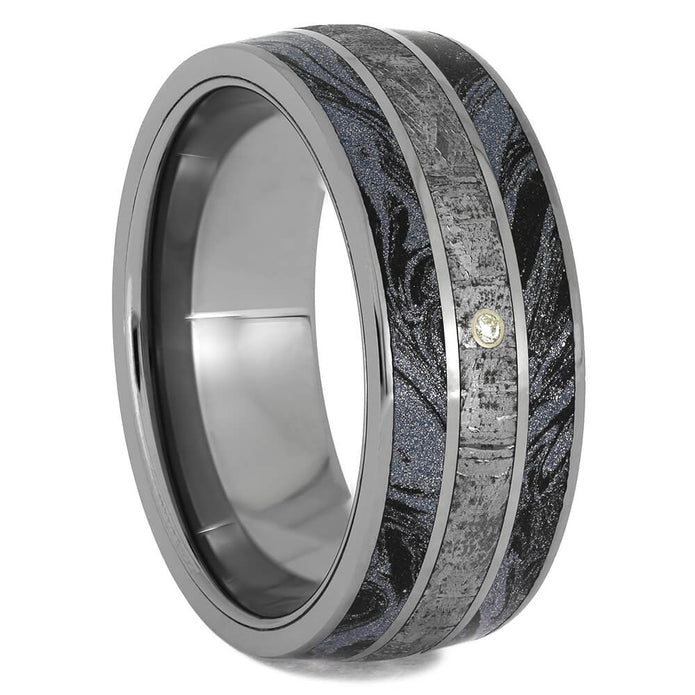 White Sapphire Ring With Mokume Composite And Meteorite-3171 - Jewelry by Johan