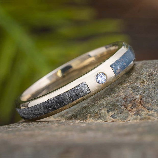 Thin Ring With Meteorite, White Gold & Dinosaur Bone