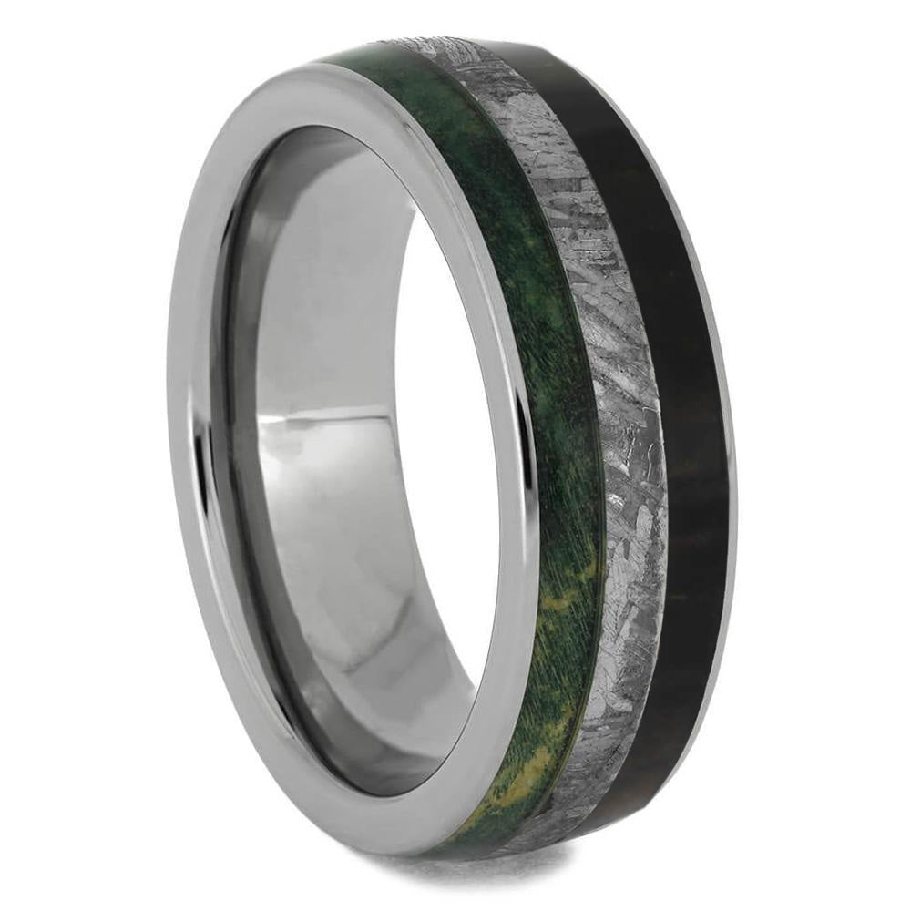 Titanium Ring With Meteorite, Dinosaur Bone, And Green Wood-3190 - Jewelry by Johan