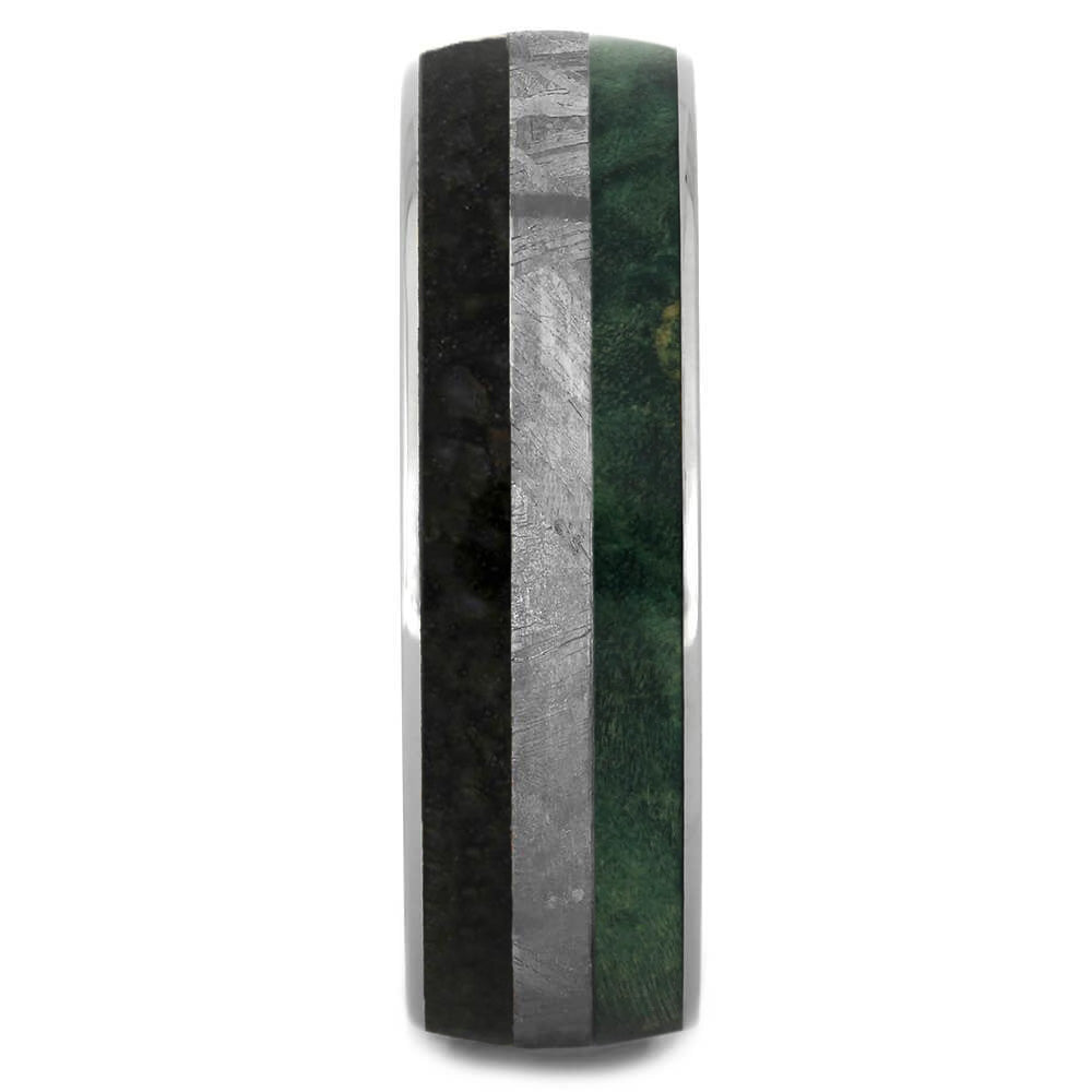 Titanium Ring With Meteorite, Dinosaur Bone, And Green Wood-3190 - Jewelry by Johan