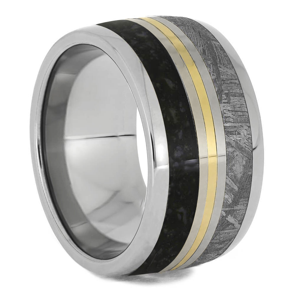 Wide, Meteorite & Dinosaur Ring With Gold Pinstripe - Jewelry by Johan