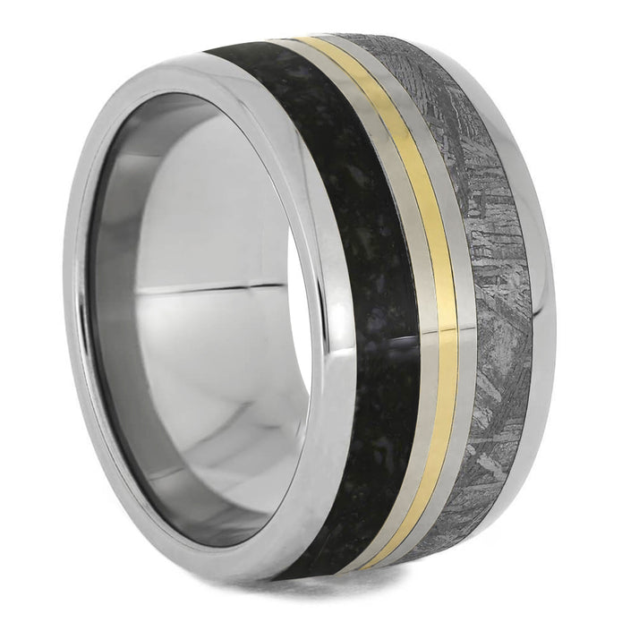 Wide, Meteorite & Dinosaur Ring With Gold Pinstripe - Jewelry by Johan