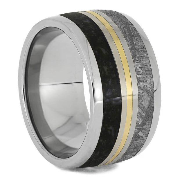 Wide, Meteorite & Dinosaur Ring With Gold Pinstripe - Jewelry by Johan
