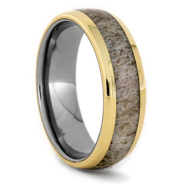 Titanium Ring With Antler Inlay And 14k Yellow Gold, Size 10.5-RS9387 - Jewelry by Johan