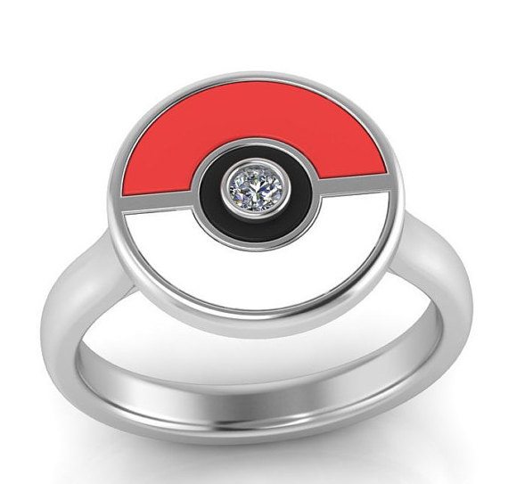 Pokemon Engagement Ring, Pokeball Ring with Moissanite Center Stone-2681 - Jewelry by Johan