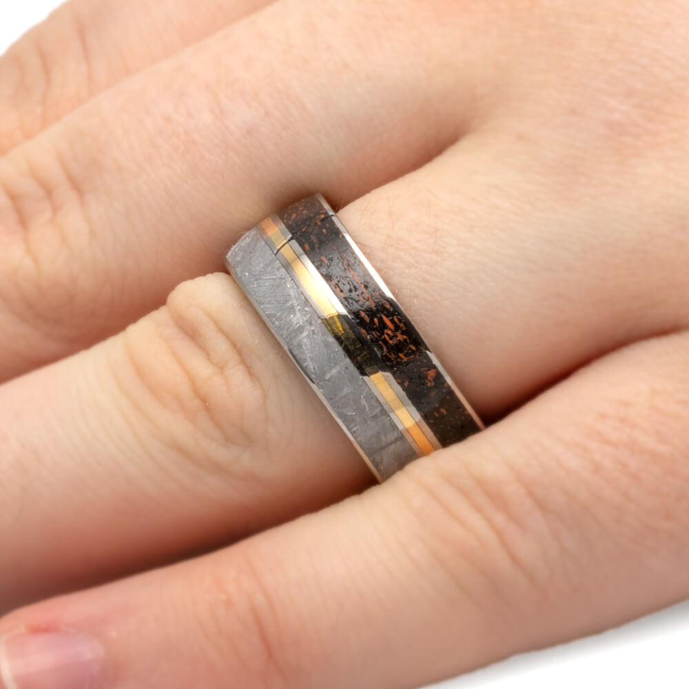Meteorite And Dinosaur Bone Wedding Band, Wood Sleeve And Gold Pinstripe-3226 - Jewelry by Johan