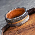 Meteorite & Dinosaur Bone Ring With Wood Sleeve & Gold Pinstripe - Jewelry by Johan