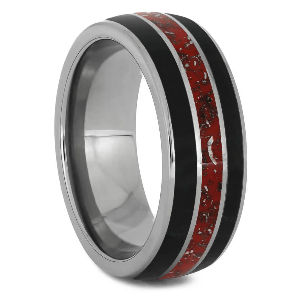 Red & Black Tungsten Wedding Band With Stardust And Black Jade - Jewelry by Johan
