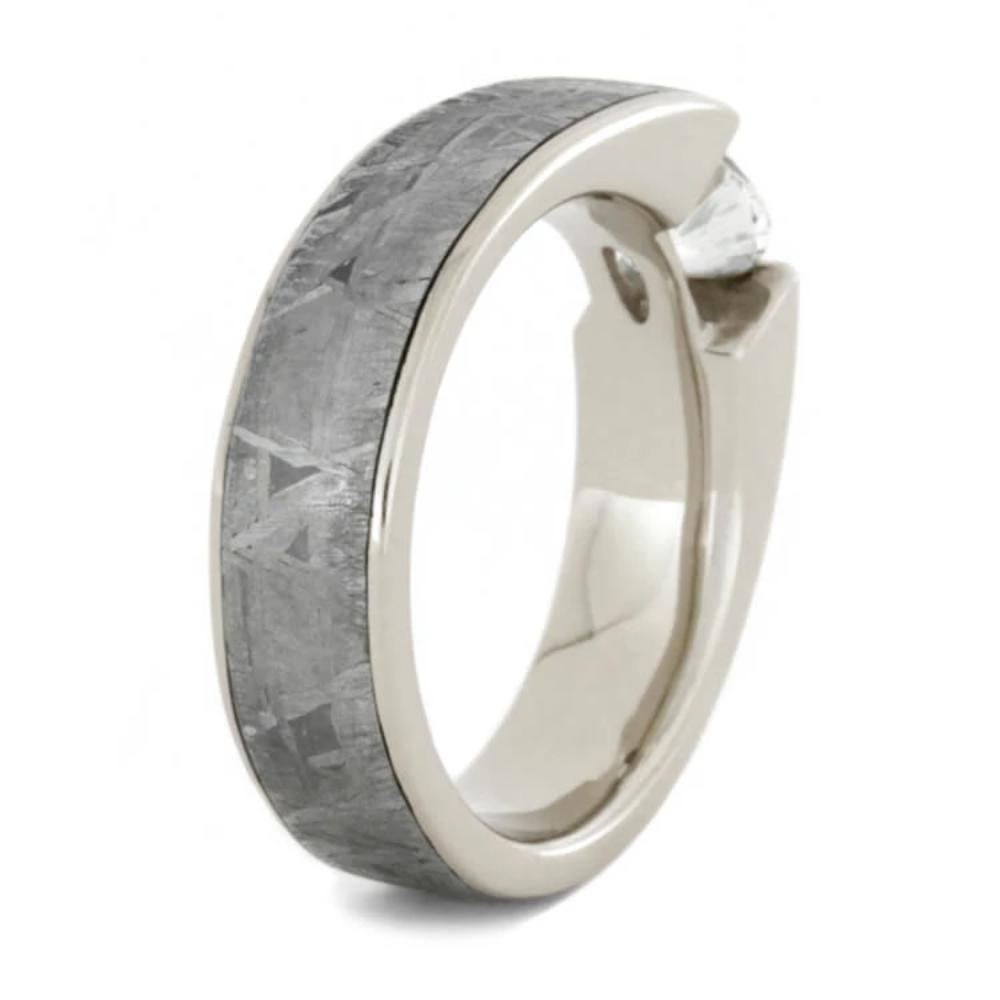 Tension Set White Sapphire Ring with Meteorite in White Gold-1805 - Jewelry by Johan